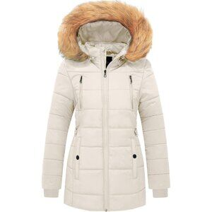 Women's Thicken Beige Quilted Puffer Jacket Coat Winter Warm Removable Hood